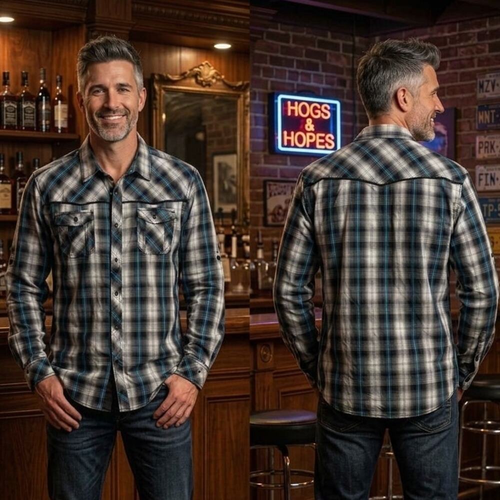 Carbon Black Classic Fit Gray Blue Plaid Long Sleeve Button Shirt Mens XL 46 48